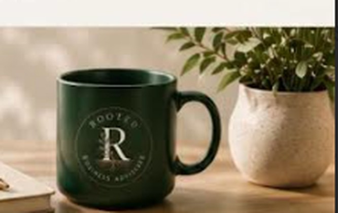 Rooted Business Advisors mug beside a journal